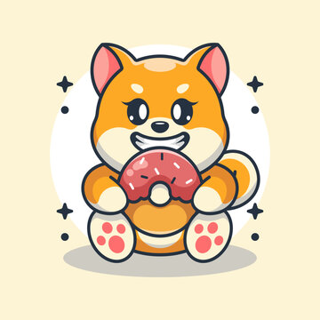 Cute shiba inu dog eating doughnut cartoon