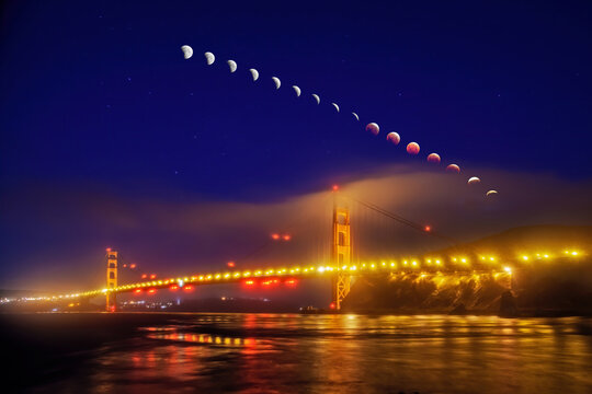 Golden Gate Bridge with Total Lunar Eclipse - Powered by Adobe