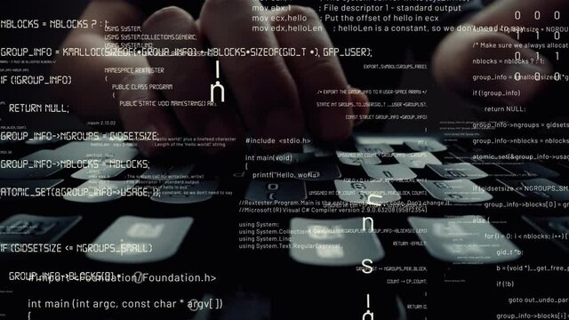 Creative visual of computer programming coding and software development shown by man working on computer keyboard with overlay of computer graphic displaying abstract program codes and computer script