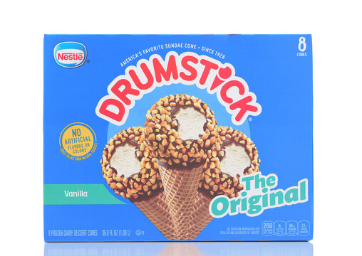 IRVINE, CALIFORNIA - 28 MAY 2021: An 8 Pack Box Of The Original Vanilla Drumstick Brand Ice Cream Novelty From Nestle.