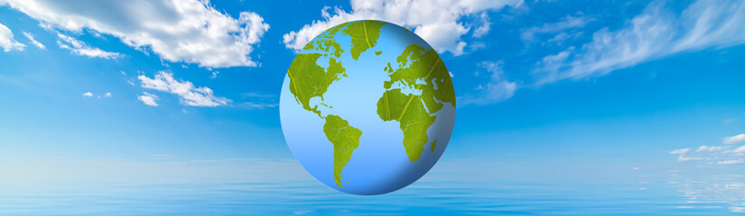 
World Environment Day Climate change. The green planet Earth has the texture of a leaf. Background with sky, clouds and blue ocean
