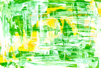 Abstract hand drawn colorful and texture background. Yellow, green and white colors mixed together. Abstract lines and blots. Interior picture, modern art. Beautiful creative print. 