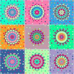 Patchwork, seamless colorful pattern. Mandala. Indian, Arabic, Turkish motifs for printing on textiles and paper.