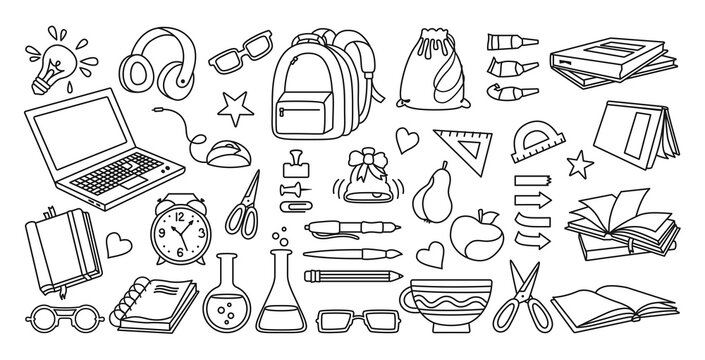 Back to School doodle sketch cartoon set. Learning school flat icon line collection. First day of school equipment, Education concept icon kit. Scissors, laptop, glasses book backpack, paints vector