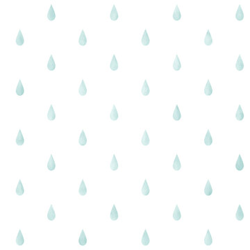 かわいい手書きのしずくの背景素材：雨の日、梅雨のイメージに使える水色の雫のシームレスパターン・白背景