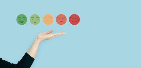 Woman hand with emotion icon, Feedback rating, Satisfaction customer service evaluation, Client...