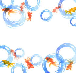 金魚と水紋の水彩画