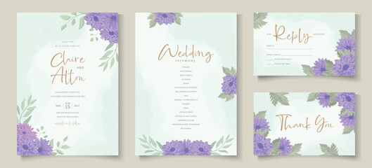 Fototapeta na wymiar Elegant wedding invitation design with purple chrysanthemum flower ornament