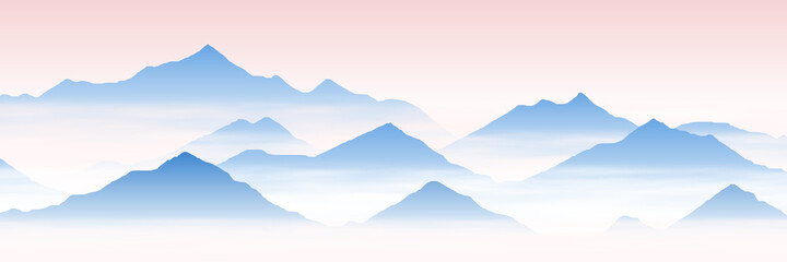 Mountain peaks above the clouds, morning fog. Vector illustration, banner.