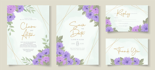 Fototapeta na wymiar Elegant wedding invitation design with purple chrysanthemum flower ornament