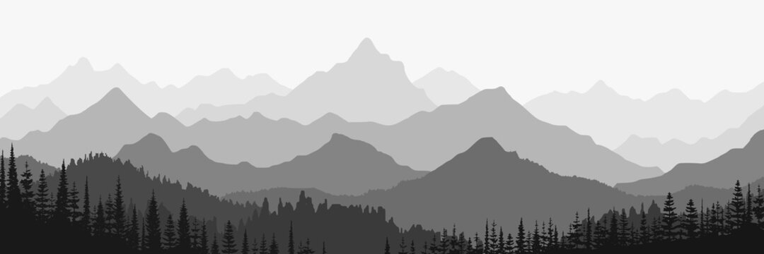 Black and white landscape, panorama of mountains in the morning haze