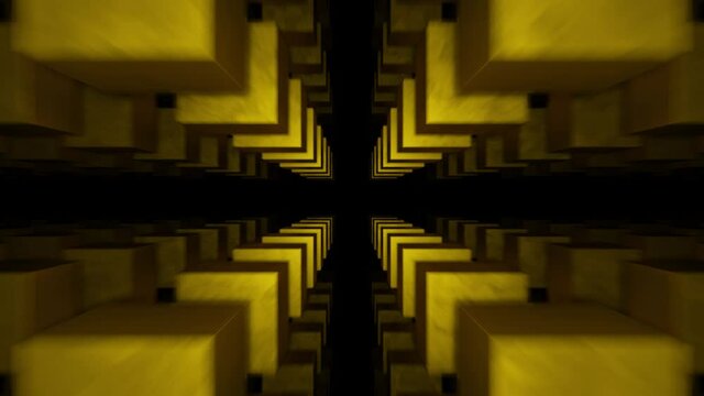 Movement through a tunnel of yellow cubes Rotation and distortion. 4k musical background