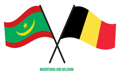 Mauritania and Belgium Flags Crossed And Waving Flat Style. Official Proportion. Correct Colors.
