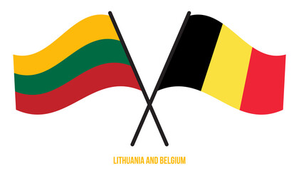 Lithuania and Belgium Flags Crossed And Waving Flat Style. Official Proportion. Correct Colors.