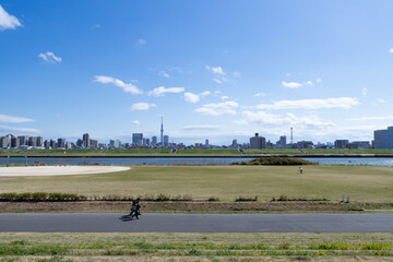 Fototapeta premium 青空を背景に足立区側河川敷から見た墨田区方面の風景