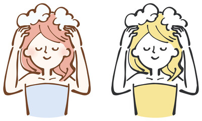 頭皮　マッサージ　シャンプー　女性　イラスト