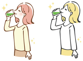 青汁を飲む女性 　イラスト