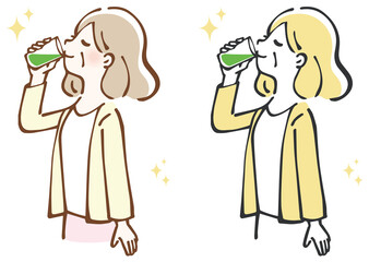 青汁を飲む中年女性 　イラスト