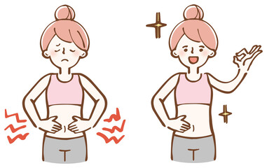 腹痛で悩む女性　改善　イラストセット