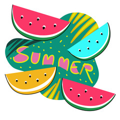 Summer time banner and card design with watermelon vector and beach and coconut leaf concept hand drawn cartoon vector