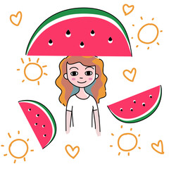 summer watermelon girl on the beach with the sea card hand drawn cartoon vector