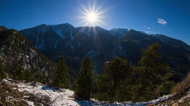 Lockdown Shot Of Sunbeam Falling Over Snowy Mountains Against Blue Sky During Winter - Hayden Pass, Colorado