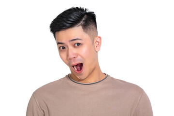 Closeup shot of delighted excited Asian man face isolated on white background