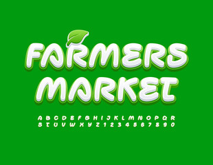 Vector business banner Farmers Market with Decorative Leaf. Trendy style Font. Creative Alphabet Letters and Numbers set