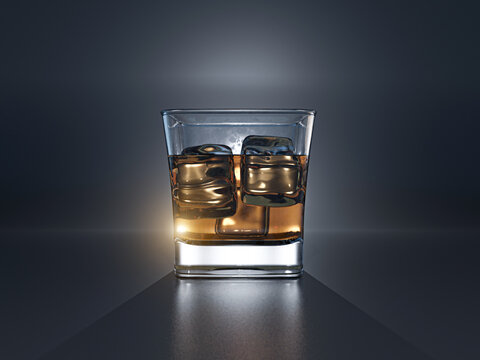 glass with whiskey and ice on a black background, Liquor glass, alcohol - 3D render