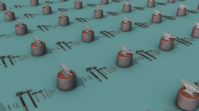 a lot of Blacksmith Tools in a row. High quality 4k footage