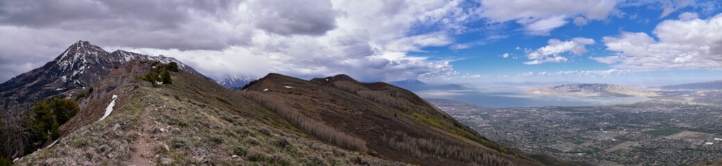 Mt Timpanogos landscape snow spring  views from Mount Mahogany hiking trail, Wasatch Front Rocky Mountains, by Orem and Provo, Utah. United States. USA