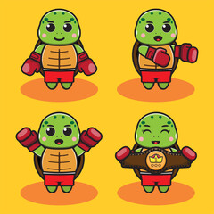 Vector illustration of cute Little Turtle Boxing cartoon set. Good for icon, logo, label, sticker, clipart.