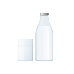 Milk bottle and glass. Colored vector flat illustration. Isolated on white background.