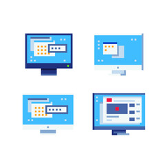 Monitor and  browser window with video player flat style icons set. Pixel art. Computer, display, ps. 8-bit sprite. Isolated vector illustration.  Element design for mobile app, web, sticker, logo.