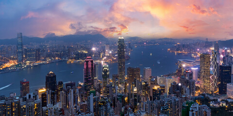 Fototapeta na wymiar Colorful view of Hong Kong skyline on twilight time seen from Victoria Peak. Hong Kong, China.