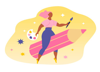 vector hand drawn illustration on the theme of design, artists, creativity. The girl flies astride a pencil, in her hands - a brush and a palette. trend illustration in flat style