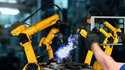 Smart industry robot arms modernization for innovative factory technology . Concept of automation...