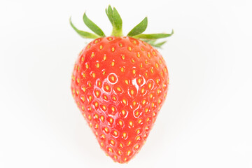 une fraise rouge et mure devant un fond blanc