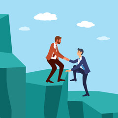 Obraz premium Businessman helping his colleague to climb up the mountain in flat design. Business helping concept.