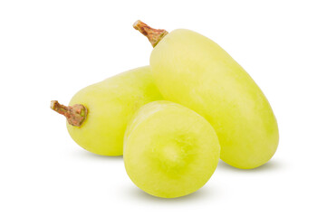 Close up of two green grapes with slice isolated on white background.