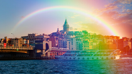 Galata Tower, Galata Bridge, Karakoy district and Golden Horn with rainbow at dusk istanbul - Turkey
