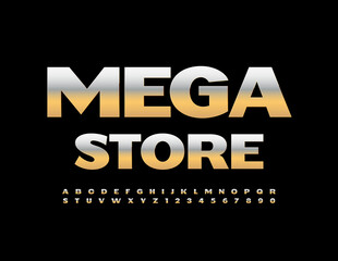 Vector premium logo Mega Store. Metallic Gold Font. Luxury Bold Alphabet Letters and Numbers set