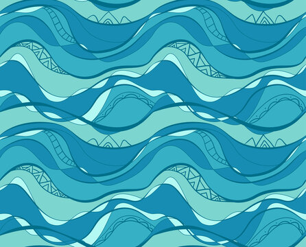 Seamless pattern with blue and turquoise waves with tribal pattern. Water surface. Vector texture of the ocean and rivers. Wallpaper with a sea ornament. Summer beach fabric with boho decoration