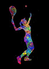 Fototapeta premium Tennis player watercolor art with black background, abstract sport painting. sport art print, watercolor illustration rainbow, colorful, decoration wall art.