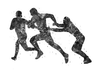 Rugby black and white watercolor art, abstract sport painting. sport art print, watercolor illustration artistic, greyscale, decoration wall art.