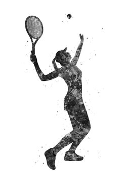 Tennis player black and white watercolor art, abstract sport painting. sport art print, watercolor illustration artistic, greyscale, decoration wall art.