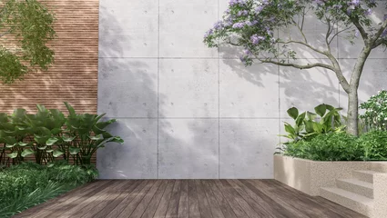 Muurstickers Lege betonnen buitenmuur met tuin in tropische stijl 3d render, versier met boom in tropische stijl, zonlicht op de muur © onzon