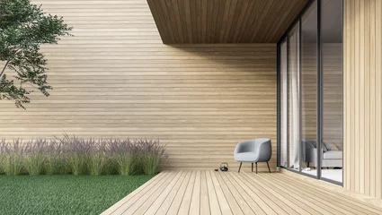 Papier Peint photo Bois Terrasse en bois de style minimal avec rendu 3d de la pelouse verte, il y a un mur de planches de bois vide, décorer avec une chaise grise moderne.