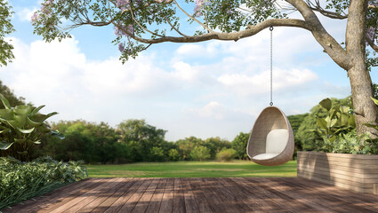 Old wooden terrace with wicker swing hang on the tree with blurry nature background 3d render. © onzon