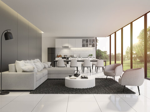 Modern black and white living and dining room with garden view 3d render.The Rooms have white tile floors and gray wall ,decorate with white furniture,There are large window Overlooking nature view.